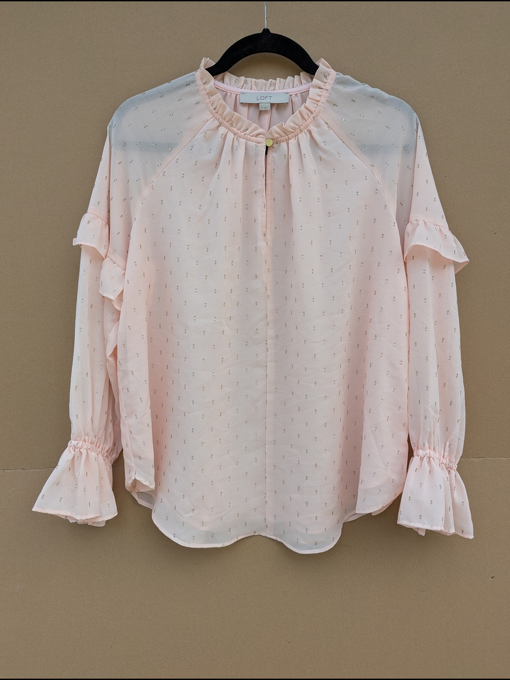 LOFT Ruffle Sleeve Blouse Top Blush Pink Gold Metallic Shimmer Clip Dot Sz M